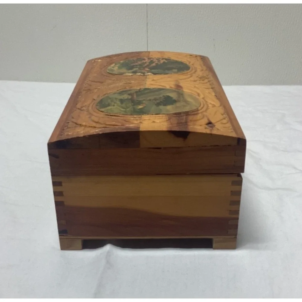 Vintage Carved Cedar Chest Wood Jewelry Box 11 x 6 